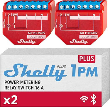 Shelly Plus 1PM - Módulo Interruptor WiFi y Bluetooh con Medidor de Consumo de Energía, 16A, Control remoto Luces Inalámbricas, aplicación iOS Andoid, Compatible con Alexa, Google Home (2 Piezas)
